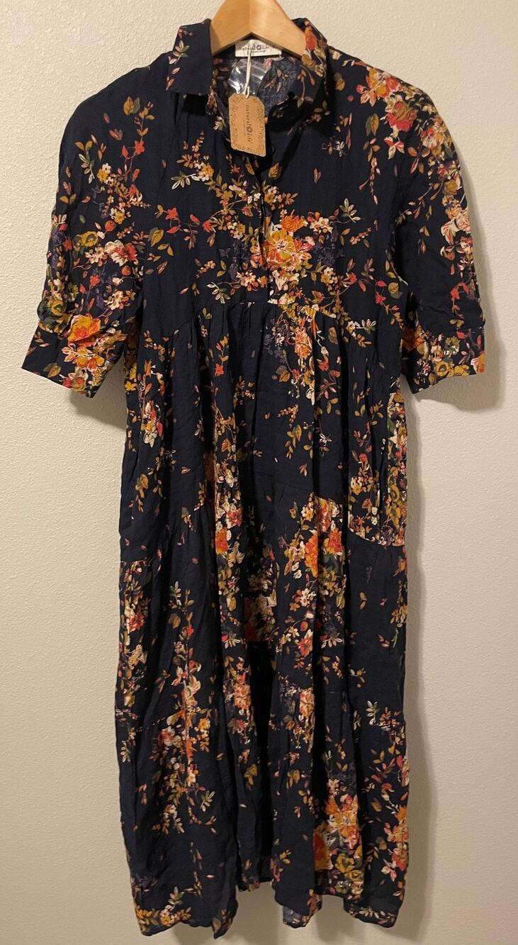 Natural Life Rebecca Midi Dress Womens XS Dark Navy Floral Button Pockets Boho